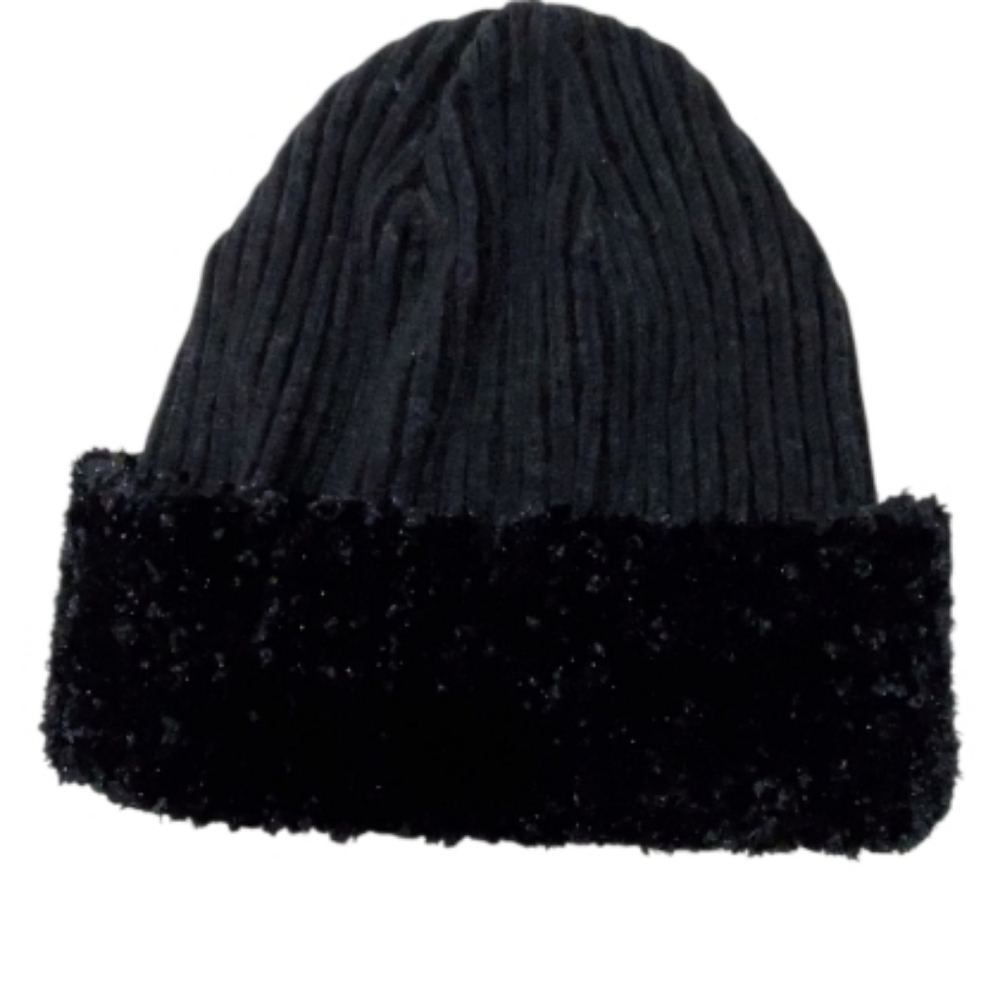 Women's Black Winter Fuzzy Rib Cuff Beanie Hat